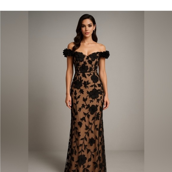 Adrianna Papell Dresses & Skirts - Adrianna Papell Off Shoulder Black Floral Nude Mesh Illusion Gown NWT SZ 2 GALA